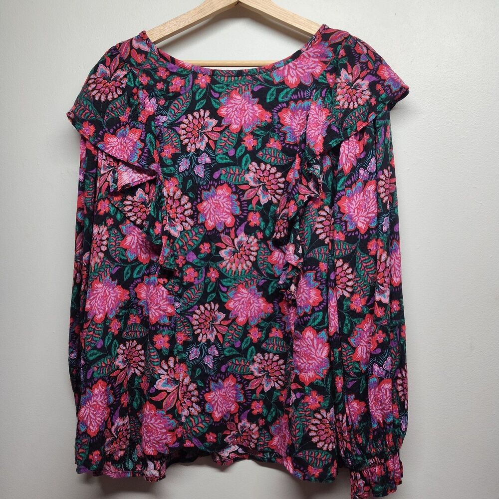 Terra & Sky Blouse Top Women 1X Black Floral Long Sleeve Peasant Cottagecore